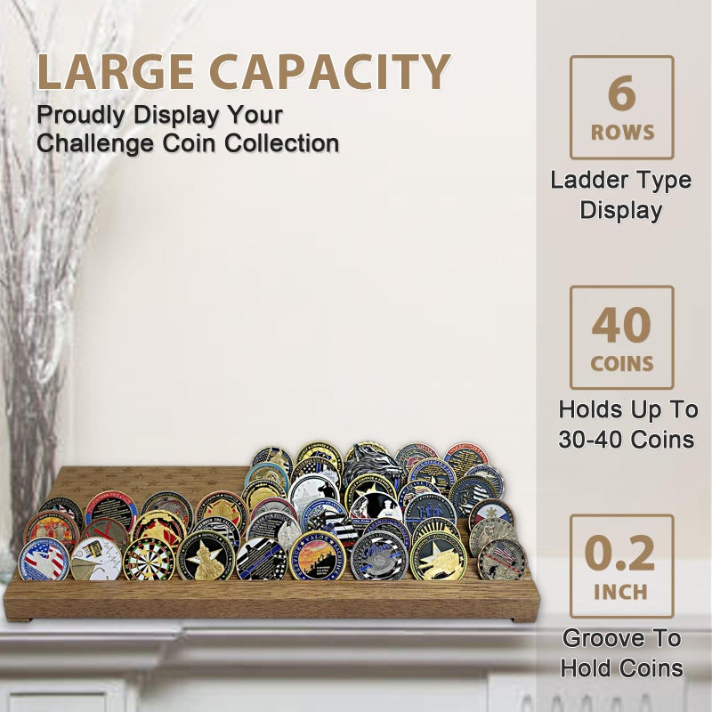 ASmileIndeep ASmilelndeep Challenge Coin Display Case Holder Holds 40 Coins, 6 Rows Solid Wood Military Coin Holder Display Rack with American Flag for Desk Display, Black Olive Finish - Image 2